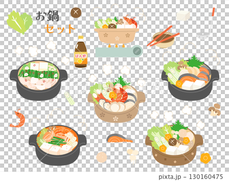 A set of illustrations of various hot pots such as Ishikari hotpot and seafood hotpot 130160475