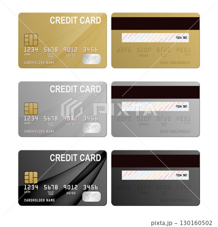 Vector Credit Card Set. Realistic Credit Card Collection, Plastic Credit Card Mockup in Gold, Silver and Black, Isolated Payment Cards for Banking, Finance and Online Shopping Illustration 130160502