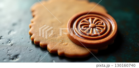 Closeup cookie stamp pressing dough 130160740
