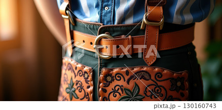 Man wearing traditional embroidered lederhosen 130160743