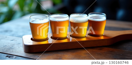 Four featuring glasses of beer on wooden paddle 130160746