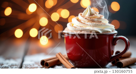 Steaming hot chocolate topped with whipped cream 130160755
