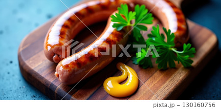 Grilled sausages on wooden cutting board 130160756