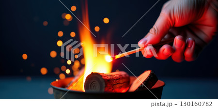 Hand lighting match near fire pit 130160782