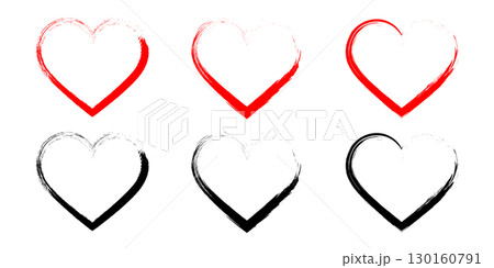 Hand-drawn brushstroke heart outlines in red and black on a white background, symbolizing love, romance, affection, and artistic expression in minimal style. 130160791