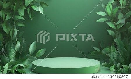 green podium on background with leaves. banner for holidays. Stand for displaying good. 130160867