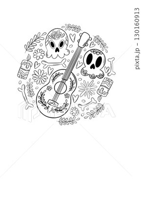 Dia de los Muertos.Postcard for traditional Mexican holiday dedicated to the memory of the dead. Skull, flowers, bones, guitar, border, frame, postcard 130160913