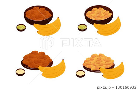 Vector illustration of cooking and serving Tajadas fried banana slices Plantain 130160932