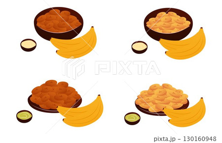 Vector illustration of cooking and serving Tajadas fried banana slices Plantain 130160948