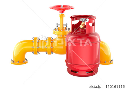 Gas cylinder, yellow pipes and valve. 3D rendering Gas cylinder, yellow pipes and valve. 3D rendering 130161116