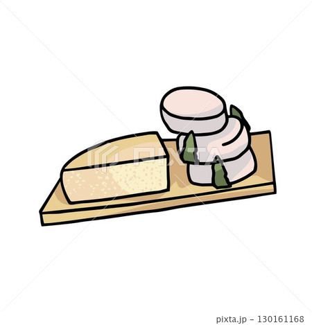 variety of cheese on wood serving platter hand-drawn vector illustration 130161168