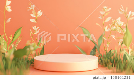 beige podium on background with leaves. banner for holidays. Stand for displaying good. 130161231