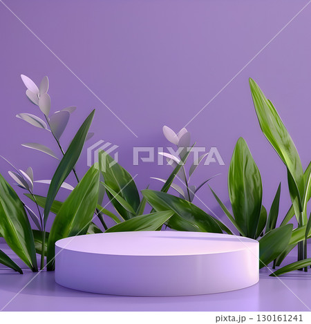 violet podium on background with leaves. banner for holidays. Stand for displaying good. violet podium on background with leaves. banner for holidays. Stand for displaying good. 130161241