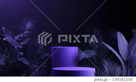 purple podium on background with leaves. banner for holidays. Stand for displaying good. purple podium on background with leaves. banner for holidays. Stand for displaying good. 130161250