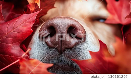 紅葉に顔をうずめる犬のアップショット 130161295