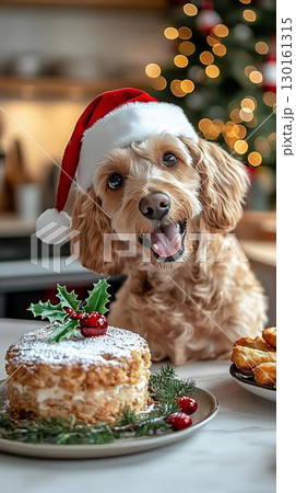サンタ帽の犬とクリスマスケーキの楽しい食卓 サンタ帽の犬とクリスマスケーキの楽しい食卓 130161315