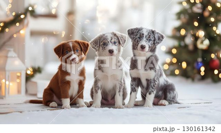 ツリーの前で並ぶ3匹の子犬たちのクリスマス 130161342