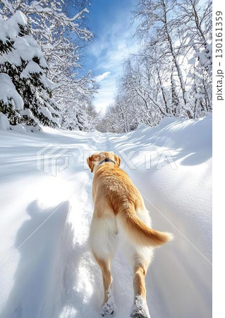 新雪の中をまっすぐ歩く犬の冒険 新雪の中をまっすぐ歩く犬の冒険 130161359