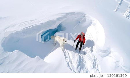 登山者と犬が雪の裂け目を探検する冬の冒険 登山者と犬が雪の裂け目を探検する冬の冒険 130161360
