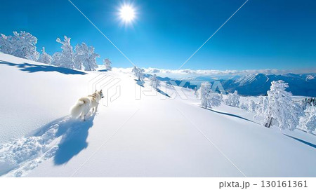 真っ白な雪原を自由に駆ける犬のシルエット 130161361