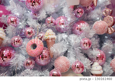 Christmas tree decorated with pink shiny balls and Christmas tree decorated with pink shiny balls and 130161460