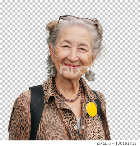 Cheerful elderly woman with gray hair styled buns, wearing glasses her head, leopard print shirt, and colorful jewelry, smiling warmly with yellow 130161718