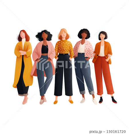 Diverse group of women standing together with confident poses, dressed colorful casual and stylish outfits, expressing empowerment and friendship Diverse group of women standing together with confident poses, dressed colorful casual and stylish outfits, expressing empowerment and friendship 130161720