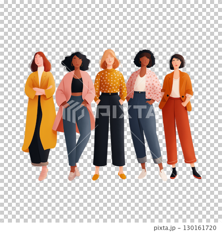 Diverse group of women standing together with confident poses, dressed colorful casual and stylish outfits, expressing empowerment and friendship Diverse group of women standing together with confident poses, dressed colorful casual and stylish outfits, expressing empowerment and friendship 130161720