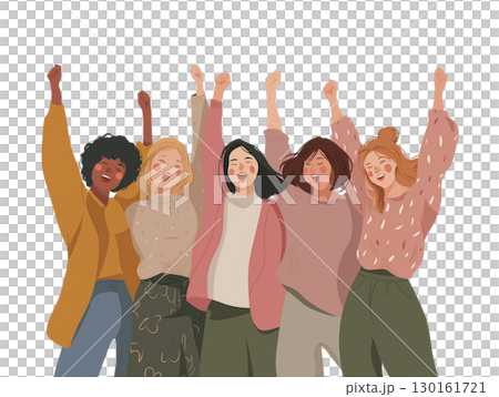 Diverse group of women celebrating together with raised hands and joyful expressions, symbolizing unity and empowerment in colorful illustration Diverse group of women celebrating together with raised hands and joyful expressions, symbolizing unity and empowerment in colorful illustration 130161721