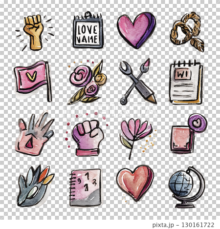 Watercolor illustrations of love, hope, and unity symbols including hearts, flowers, hands, and globes, expressing affection and connection 130161722