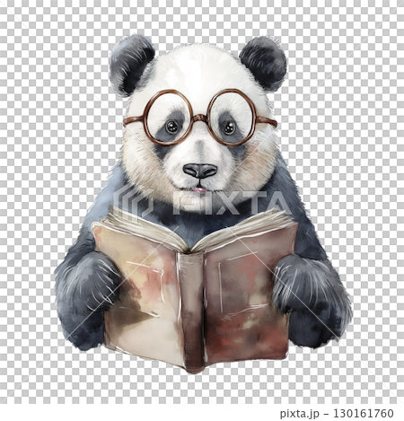 Cute panda bear wearing round glasses, holding open book with curious expression, illustrated in watercolor style 130161760
