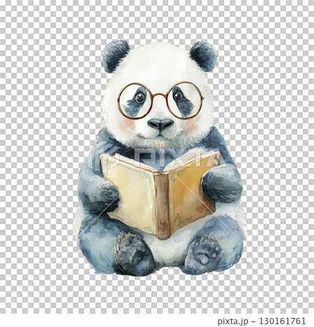 Cute panda bear wearing glasses and reading book, watercolor illustration with soft colors and detailed features, adorable and charming design 130161761