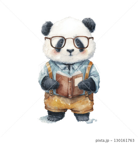 Adorable panda dressed as scholar with glasses, holding book, wearing shirt and suspenders, cute and intelligent look, watercolor illustration Adorable panda dressed as scholar with glasses, holding book, wearing shirt and suspenders, cute and intelligent look, watercolor illustration 130161763