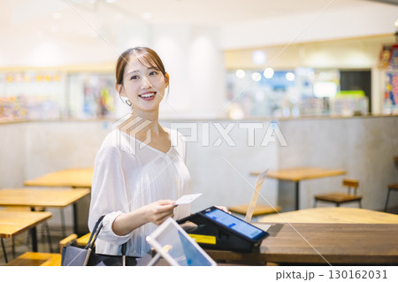カフェのレジでキャッシュレス決済 をする女性 カフェのレジでキャッシュレス決済 をする女性 130162031