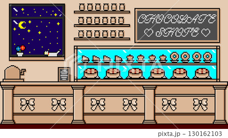 ドット絵背景 ホワイトチョコレートショップ(夜) ドット絵背景 ホワイトチョコレートショップ(夜) 130162103