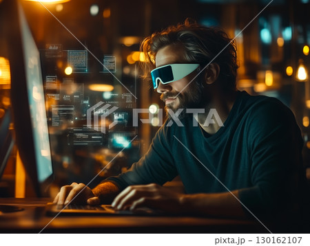 A man wears digital glasses and gazes at a holographic display. Futuristic technology and innovation. Generative AI. 130162107