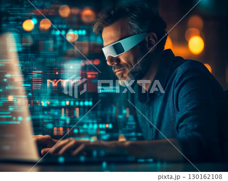 A man wears digital glasses and gazes at a holographic display. Futuristic technology and innovation. Generative AI. 130162108