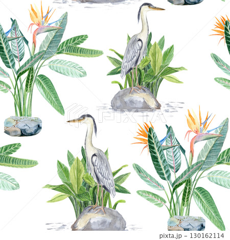 Herons, tropical plants, stones, and water elements. Watercolor seamless pattern on white. Perfect for botanical designs, exotic patterns, nature themes, zen-style decorations. Asian-inspired 130162114