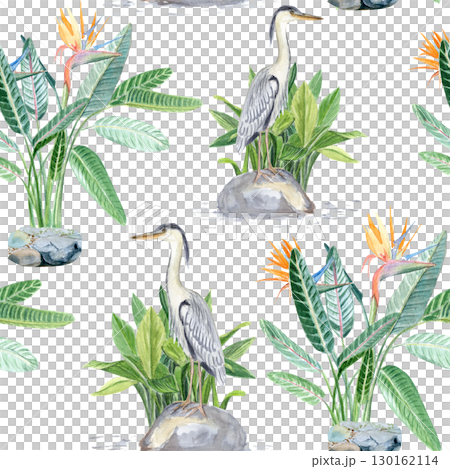Herons, tropical plants, stones, and water elements. Watercolor seamless pattern on white. Perfect for botanical designs, exotic patterns, nature themes, zen-style decorations. Asian-inspired 130162114