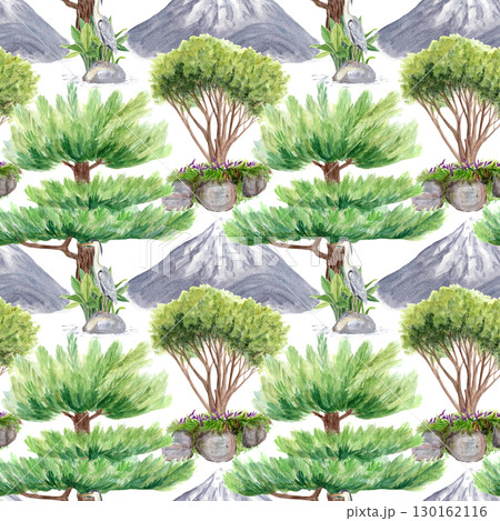Pine trees, decorative garden shrubs, gray herons on rocks, and distant mountains. Asian landscape seamless watercolor pattern. Garden, ideal for textile prints, wallpapers, elegant surface design Pine trees, decorative garden shrubs, gray herons on rocks, and distant mountains. Asian landscape seamless watercolor pattern. Garden, ideal for textile prints, wallpapers, elegant surface design 130162116