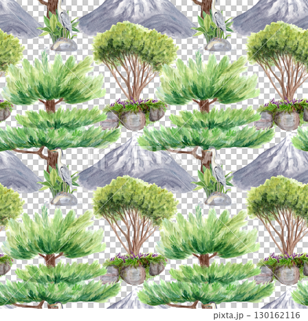 Pine trees, decorative garden shrubs, gray herons on rocks, and distant mountains. Asian landscape seamless watercolor pattern. Garden, ideal for textile prints, wallpapers, elegant surface design Pine trees, decorative garden shrubs, gray herons on rocks, and distant mountains. Asian landscape seamless watercolor pattern. Garden, ideal for textile prints, wallpapers, elegant surface design 130162116