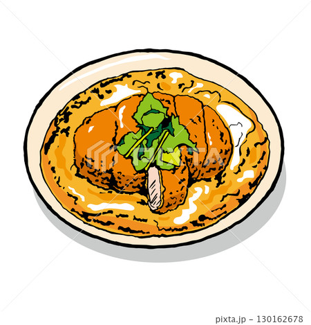 出汁と卵で煮たとんかつを、三つ葉と一緒に楕円形の皿に盛ったイラスト 出汁と卵で煮たとんかつを、三つ葉と一緒に楕円形の皿に盛ったイラスト 130162678