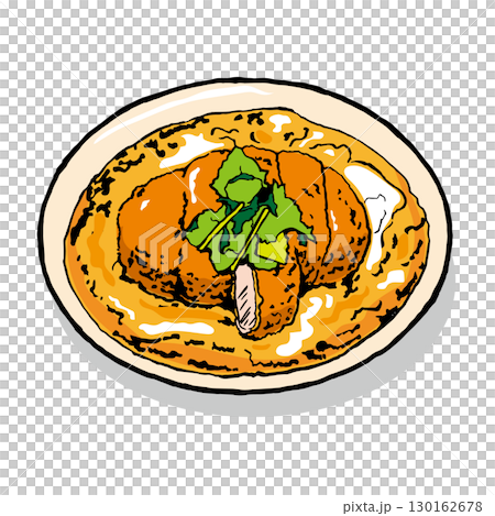 出汁と卵で煮たとんかつを、三つ葉と一緒に楕円形の皿に盛ったイラスト 出汁と卵で煮たとんかつを、三つ葉と一緒に楕円形の皿に盛ったイラスト 130162678