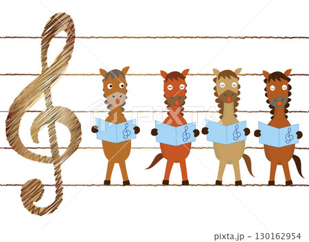 2026年の年賀状のイラスト素材。馬が楽器を演奏して新年を祝っている。 130162954