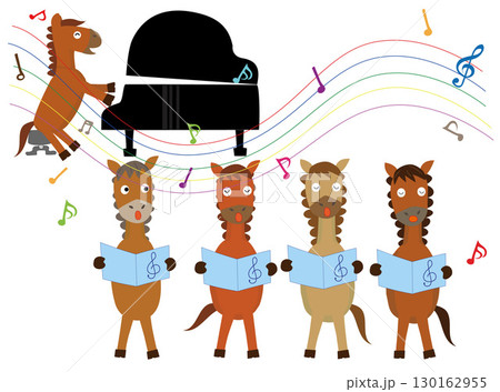 2026年の年賀状のイラスト素材。馬が楽器を演奏して新年を祝っている。 130162955