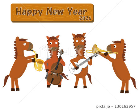 2026年の年賀状のイラスト素材。馬が楽器を演奏して新年を祝っている。 2026年の年賀状のイラスト素材。馬が楽器を演奏して新年を祝っている。 130162957