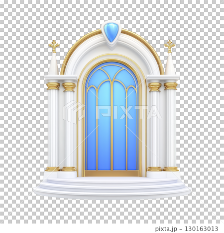 A grand, ornate arched doorway with blue glass and gold accents, flanked by columns and topped with decorative blue gem, exudes elegance and sophistication 130163013