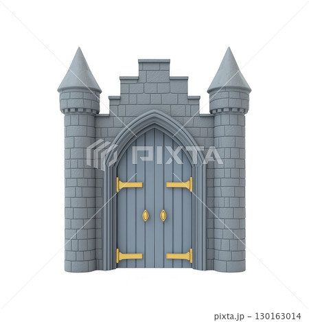 A 3D illustration of medieval castle gate with two towers and large wooden door, featuring stone textures and golden accents, evokes sense of fantasy and history 130163014