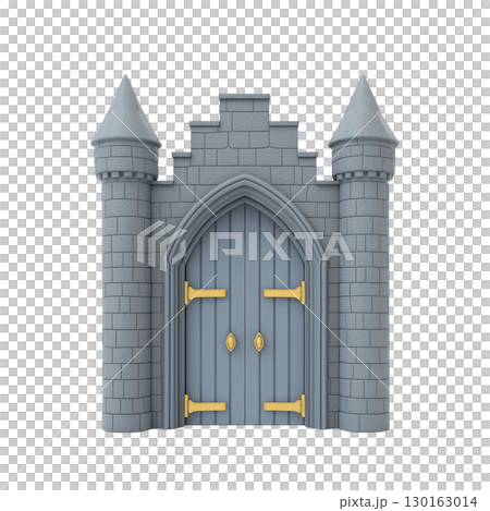 A 3D illustration of medieval castle gate with two towers and large wooden door, featuring stone textures and golden accents, evokes sense of fantasy and history 130163014