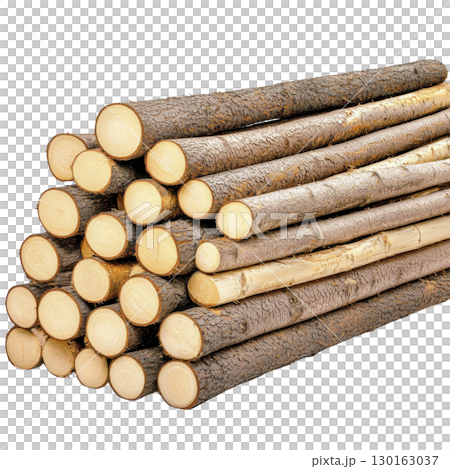A stack of neatly arranged wooden logs with visible bark and cut ends, showcasing natural textures and patterns. logs are uniform in size, suggesting they are prepared for construction or firewood 130163037